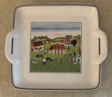 VILLEROY & BOCH Design Naif Square Double Handle Tray 8" Farmer's Country Scene