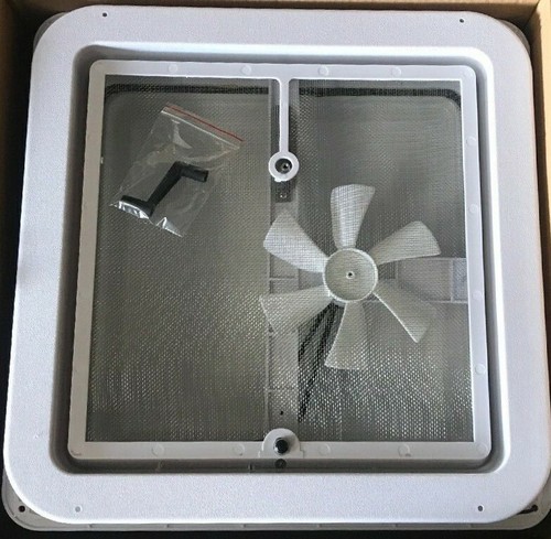 12V Caravan RV Roof Vent Manual Shower Hatch with fan 355mm x 355mm White Lid - 第 7/7 張圖片