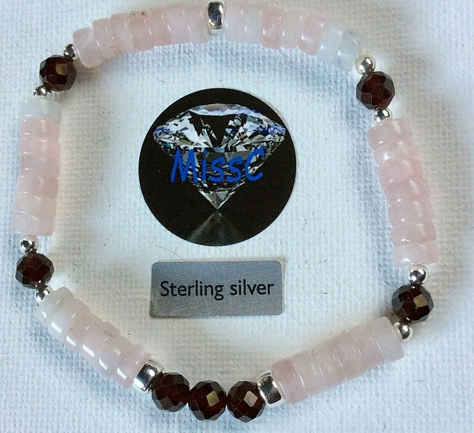 GARNET and ROSE QUARTZ 925 STERLING SILVER BRACELET HANDMADE BY MISSC - Image 3 of 4