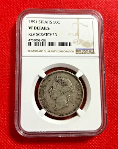 1891 STRAITS 50 CENTS NGC VF DETAILS REV SCRATCHED