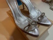 Party Shoes Platform High Heel Clear Silver Rhinestone Bow No Ankle Straps SZ 8