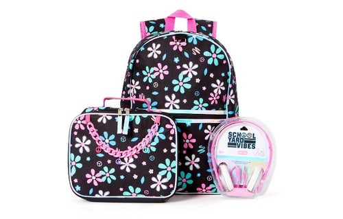 School Yard Vibes 3pc Set Includes Bag•Lunchbox•Headphone• Floral• 16”