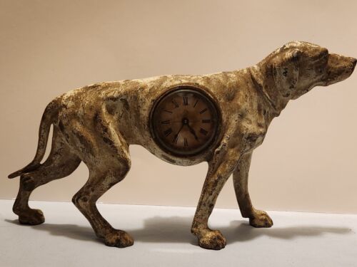 Old Antique Cast Iron Figural Mantel Clock - Pointer Hunting Dog  Patent 1878 - Imagen 1 de 8