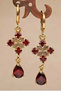 Authentic 3Ct Pear Cut Lab-Created Red Garnet Drop/Dangle Earrings 14K Yellow Gold Plated