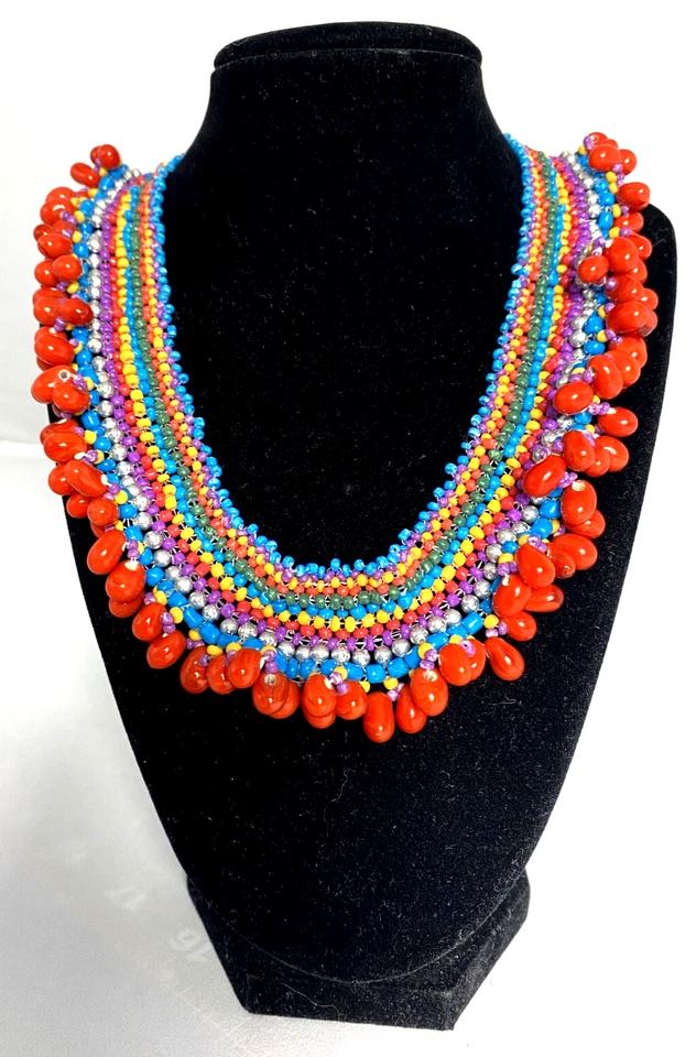 Woven VTG Mexican statement style Heavy Glass Beaded Collar, Red & Turquoise Col - Image 2 of 4