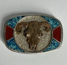 Bull Steer Skull Turquoise Coral Belt Buckle Vintage Western Cow Long Horn