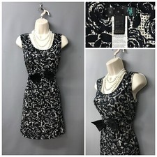 Mango Black Mix Rose Floral Bow Sleeveless Retro Dress Large Stretchy