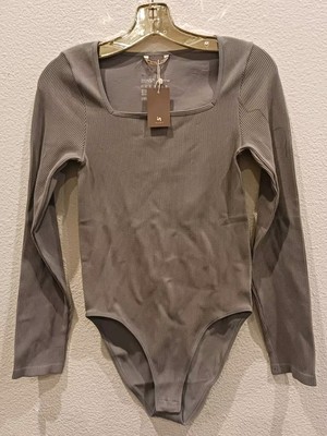 INLYRIC Square neck Ribbed Long Sleeve Bodysuit Womens Size Large Stone Gray