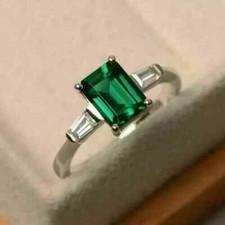 2Ct Emerald Cut Lab-Created Emerald Solitaire Wedding Ring 14K White Gold Plated