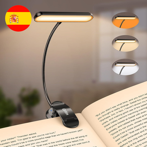 Luz LED de Lectura con pinza, 360° Ajustable y Recargable, 3 Colores, 5 Brillos