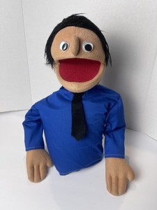 Professional muppet style Puppet Blue shirt Black Tie Black Hair Guy 14"