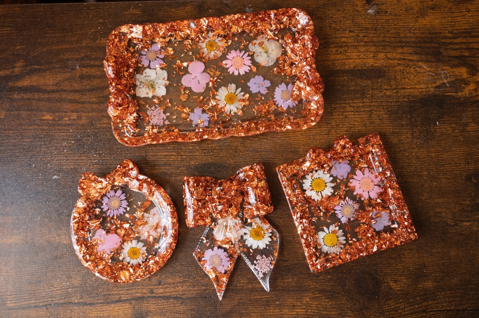 4 Piece Set Rose Gold and Flowers Jewelry Tray Trinket Dish