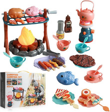 Pretend Play Campfire Toy Set with 45Pcs Realistic BBQ Accessories,Fake Grill Fo