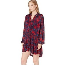 Free People Red and Blue Bishop Sleeve Sundress Merlot love letter combo small S
