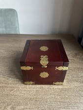 Vintage Chinese Style Wooden Jewellery Box Red Lacquer Brass Mounted 