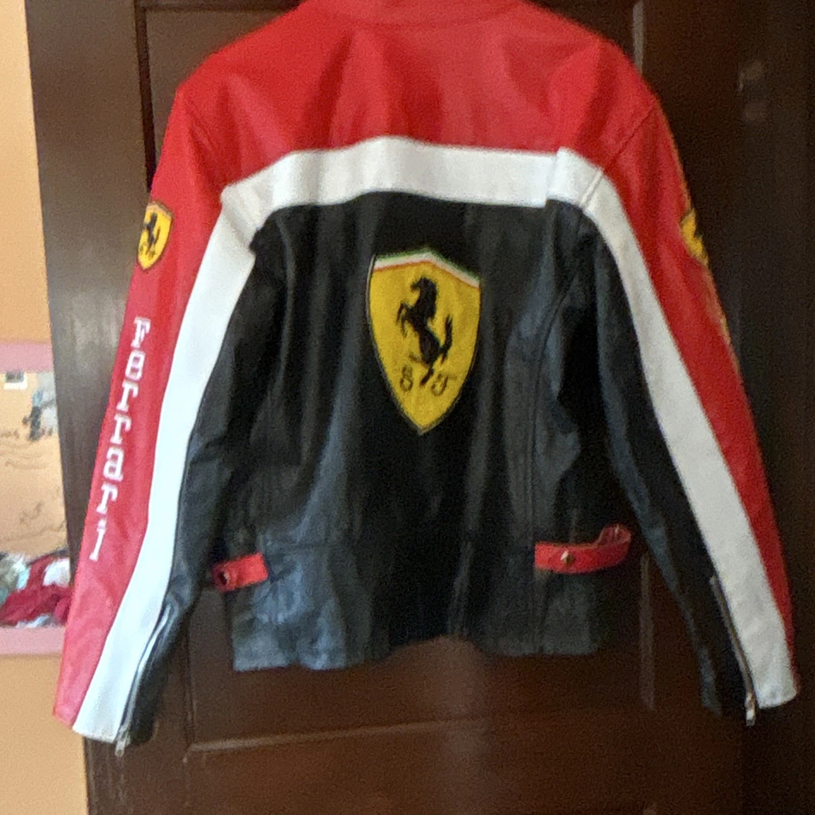 Ferrari Men’s Leather Motorcycle Jacket Full Zip Stand Collar Black Red L image 3