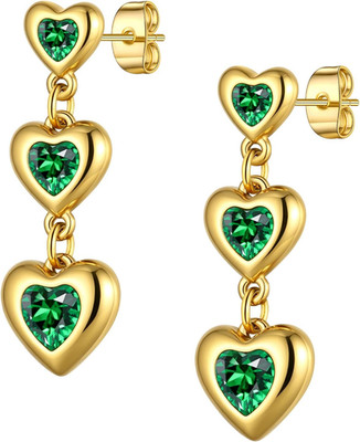 Triple Heart Drop Stud Earrings - 316L Stainless Steel Gold Tone with CZ Crystal