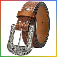Western Cowgirl Belt Brown Faux Leather Floral Embossed Rhinestone Buckle Medium