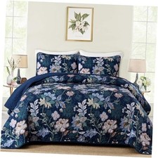 Floral Quilt Set Size Botanical Bedspread Bedding Sets, 3 King Navy Blue