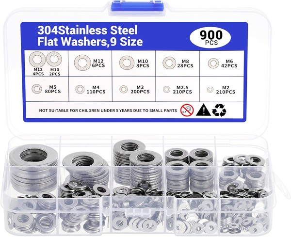 Unterlegscheiben Set 900 StüCk Edelstahl 304 M2-M12 Mit Sortierbox Metall-image