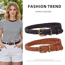Image of Women Vintage Braided Belt Skinny Waist Belt Faux Leather Oval Buckle Premium