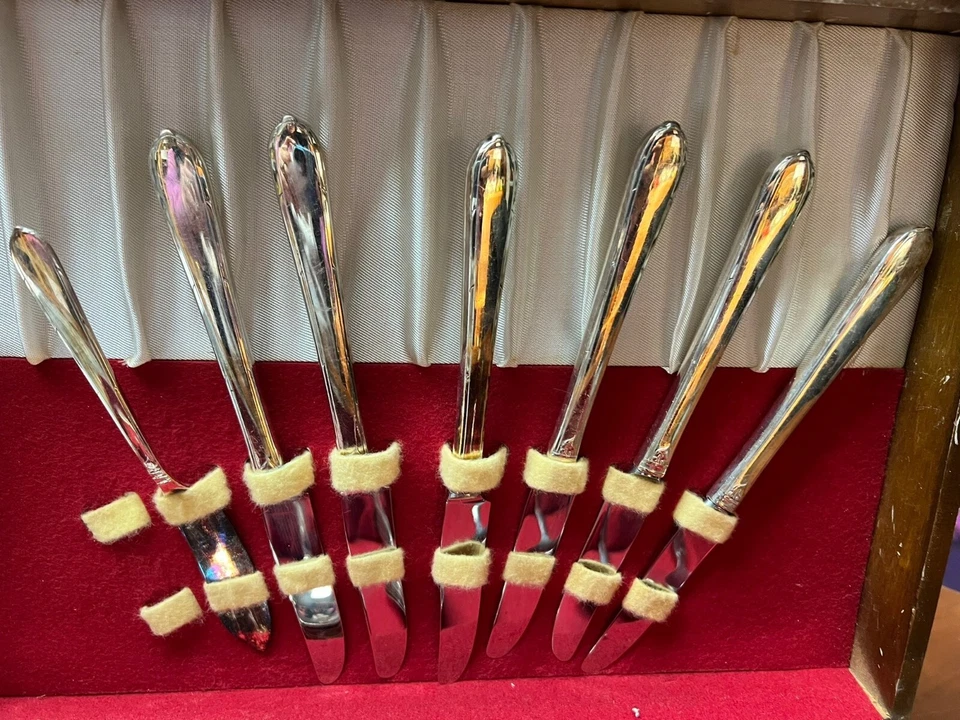 Juego de 29 piezas de cubiertos comunitarios de acero inoxidable patrón desconocido con caja vintage Foto 2 de 4