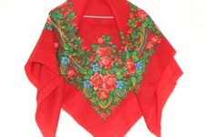 Red wool shawl with floral, Ukrainian wedding scarf with tag, Vintage bohemian