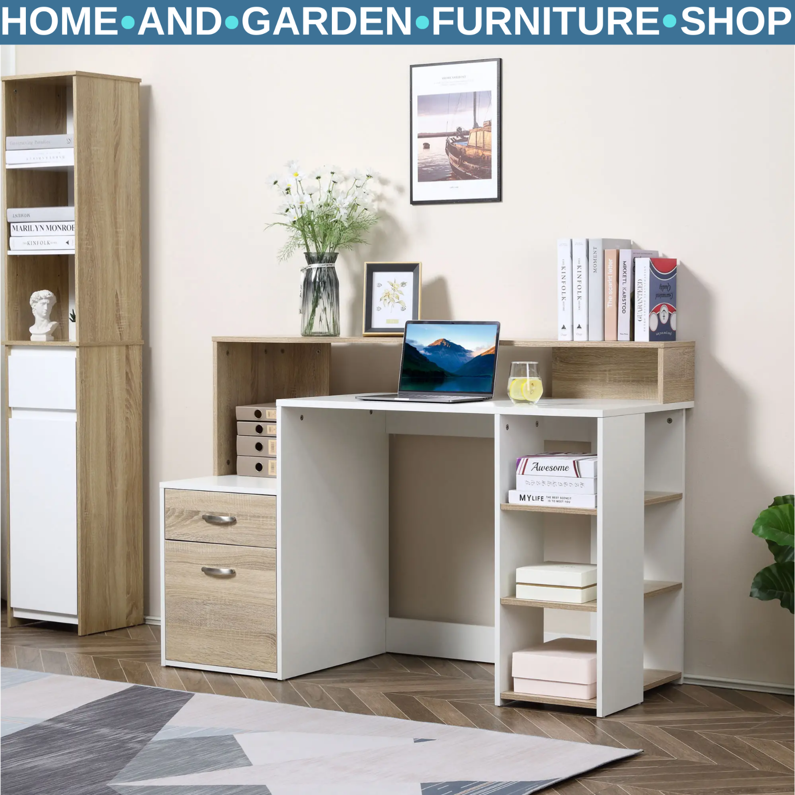 Computer Desk Office Workstation with Printer Stand & Storage Shelves Oak/white