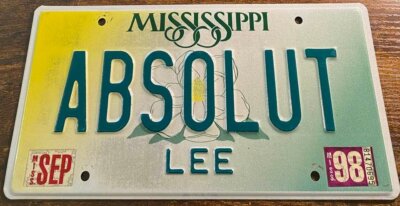 ABSOLUT Vanity License Plate Mississippi Vintage Vodka 