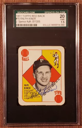 1951 Topps Red Backs #15 Ralph Kiner Pittsburgh Pirates Baseball Card SGC AUTO