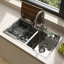 Silver Kitchen Sink Stainless Steel Double Bowl Drop In Top Mount Workstation