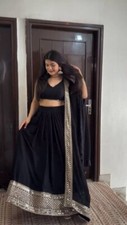 Festival Wear Faux Georgette Black Lehenga Choli With Dupatta For Women Girls
