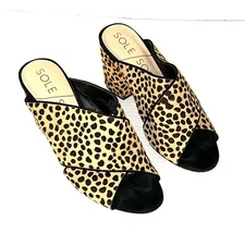 Sole Society Shoes Women Size 6.5 Luella Cow Calf Fur Block Heel Sandals Cheetah