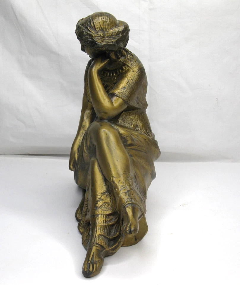 Antique Cast Metal Spelter Roman Greek Goddess Woman w/ Harp Clock Topper - Image 3 of 4
