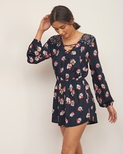 Abercrombie  Fitch Boho Floral V Neck Lace Up Balloon Sleeve Romper Jumpsuit M