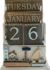 Nautical Wooden Perpetual Calendar Desk Top Eternal Calendar Blocks - Lighthouse
