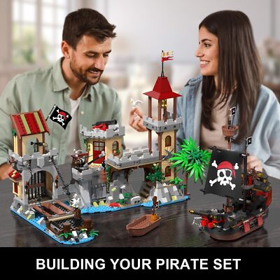 INSOON Pirate Castle Building Set with Light, 3 Modes Big Pirates Ship Bay