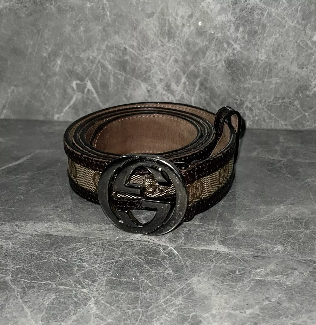 Ceinture boucle G authentique GUCCI marron monogramme cuir argent imbriquée 85/34