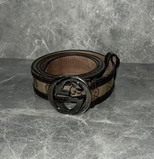Auth GUCCI Brown Monogram Canvas Leather Silver Interlocking G Buckle Belt 85/34