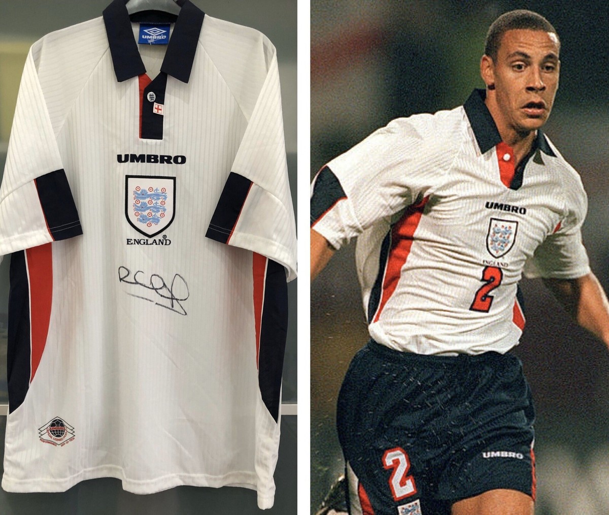 SIGNED Official Rio Ferdinand Umbro England 1998 Shirt Home Top