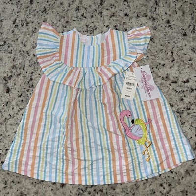 NWT Bonnie Jean Seersucker Flamingo Dress Size 3T White Pastel Striped Girls New