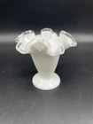 Fenton Silver Crest White Pedestal 4” x 4.5” Vase Ruffled Edge Milk Glass