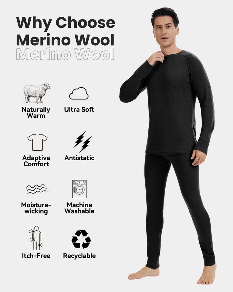 Men's 100% Merino Wool Base Layer Sets - Midweight Thermal Underwear Gifts Pa... - Image 2 of 4