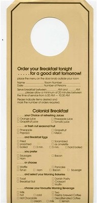  Hyatt Regency Hong Kong Door Hangar Room Service Menu 1985 
