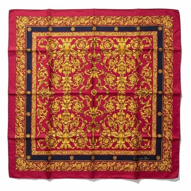 Christian Dior Silk Square Scarf Red/Gold 34.3 in Pre owned