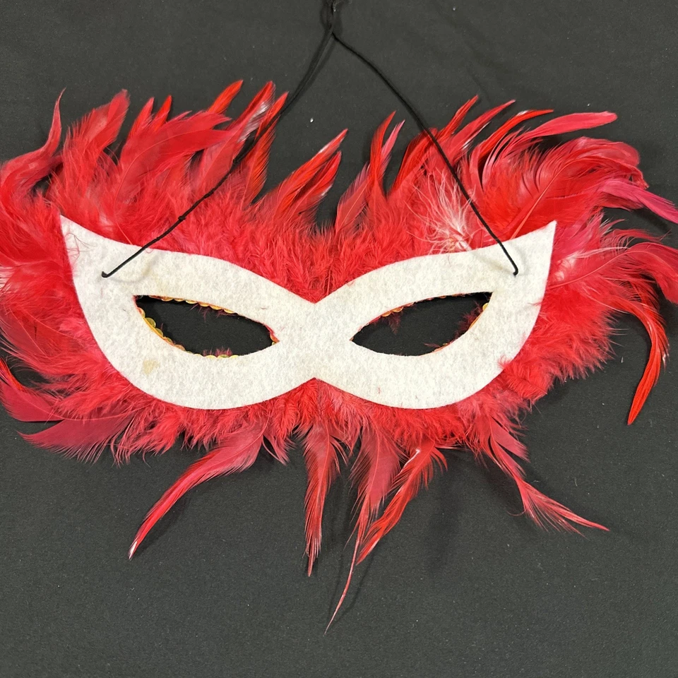 Red Gold Masquerade Ball Mask Costume Halloween Cosplay Feathers Lace Sequins - Image 3 of 4