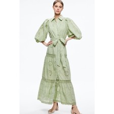 Alice + Olivia Lilly Collared Eyelet Cotton maxi Dress Belted Green tea size 2