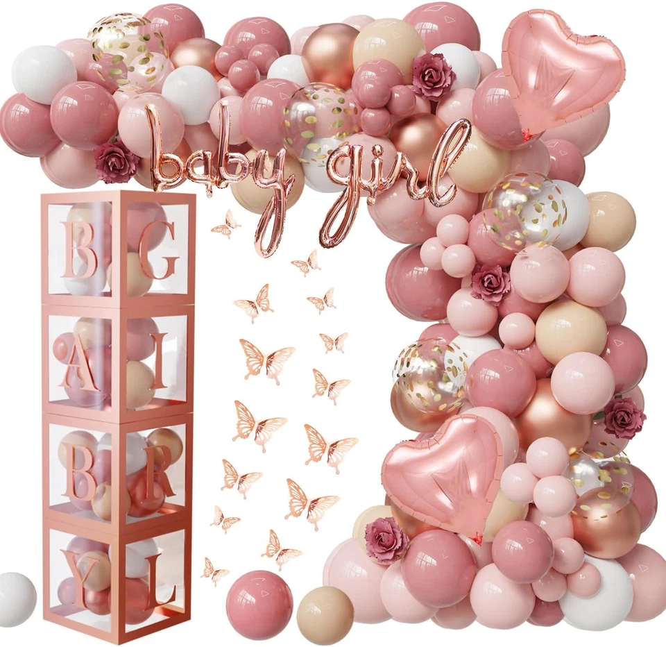 132件装玫瑰金婴儿淋浴装饰带女孩婴儿盒,波西米亚腮红粉红色T — 第 4/4 张图片