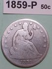 1859-P SEATED LIBERTY HALF DOLLAR US SILVER COIN VG DETAILS cleaned DENT 748,000