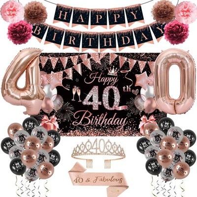 40th Birthday Decorations for Women, Black Rose Gold Happy 40 Years Old Decor...